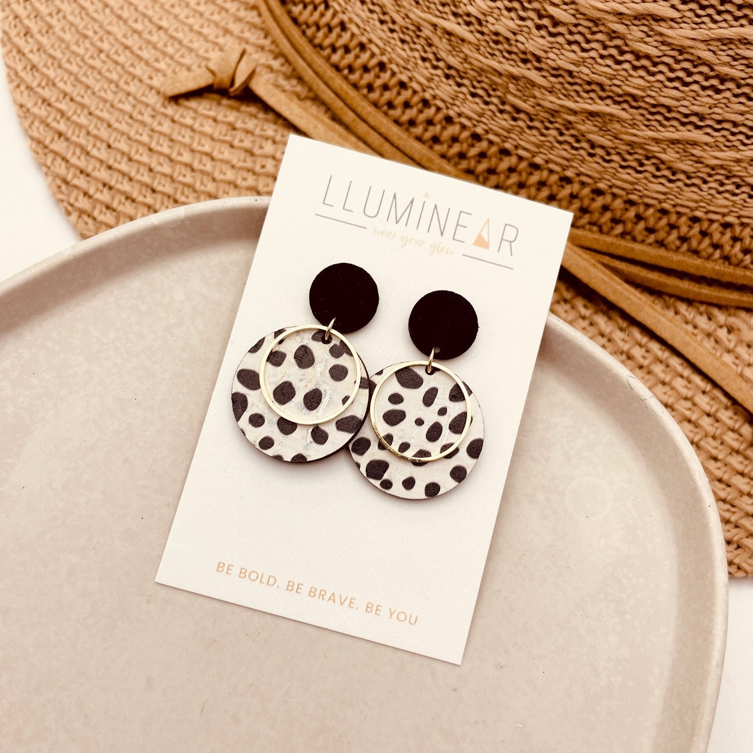 Apollo stud earrings in black and white spot Dalmatian animal print handmade with 925 Sterling Silver Studs for sensitive ears