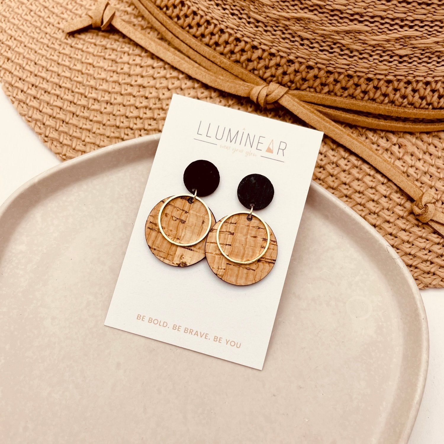 Apollo 925 Sterling Silver Stud Earrings with Natural Cork and Gold ring detail.
