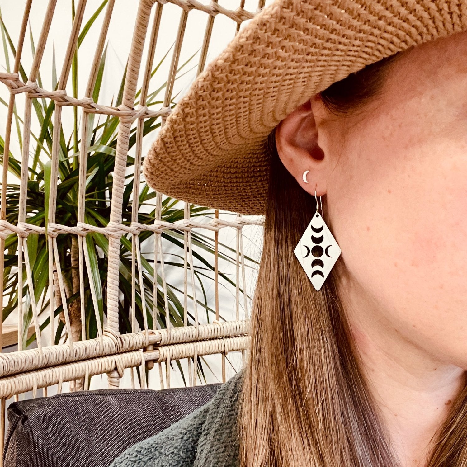 Moon Phase Diamond Silver Earrings