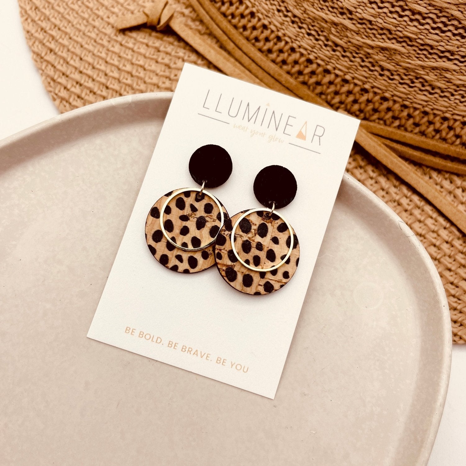 Cheetah Animal Print Stud Dangle Earrings with gold brass ring and hallmarked Sterling Silver studs