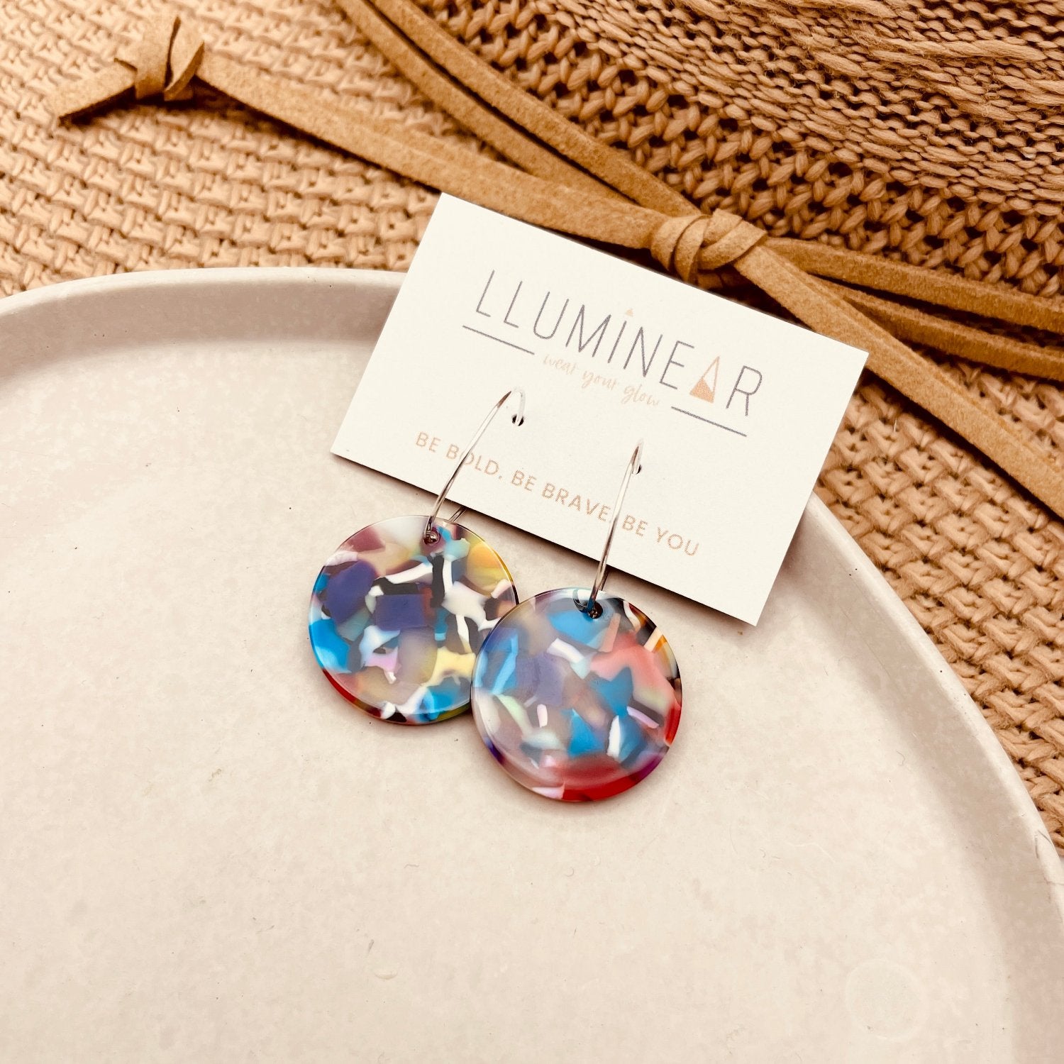 Rainbow Resin circle earrings on hallmarked sterling silver hoops.