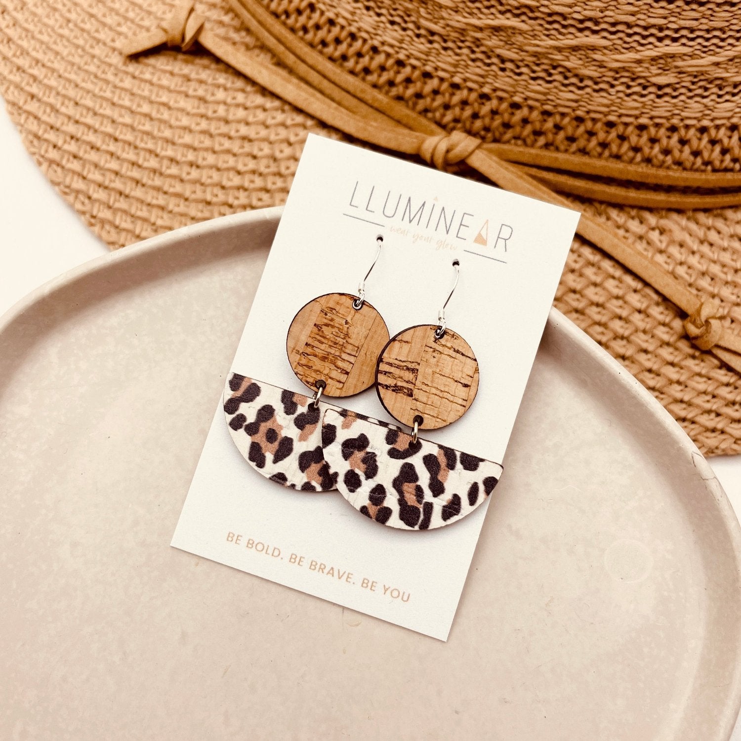 Crescent Moon earrings with natural cork and white leopard print, handmade with 925 sterling silver hooks