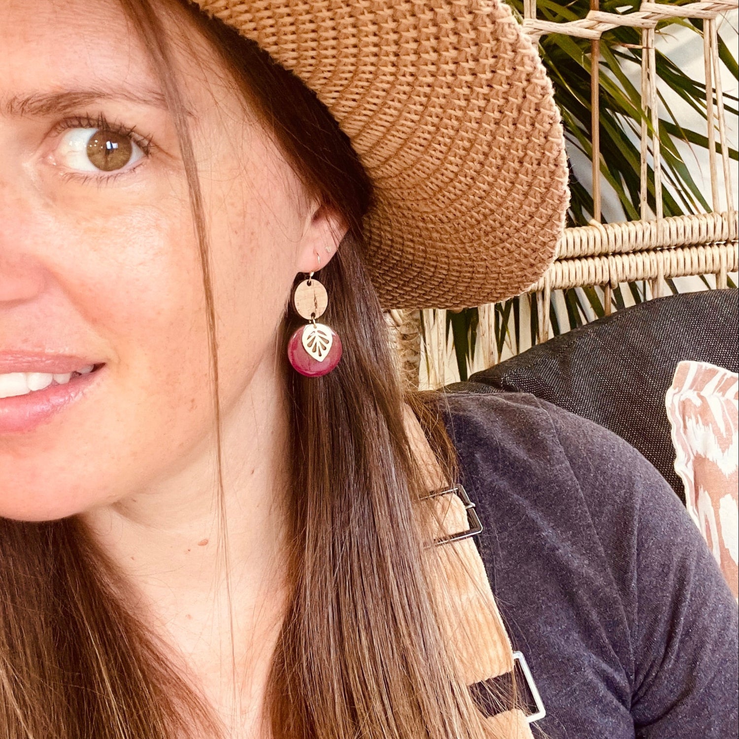 Burgundy Gold Leaf Earrings