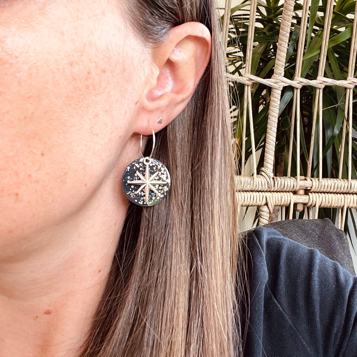 Black Sparkle Star Silver Hoop Earrings
