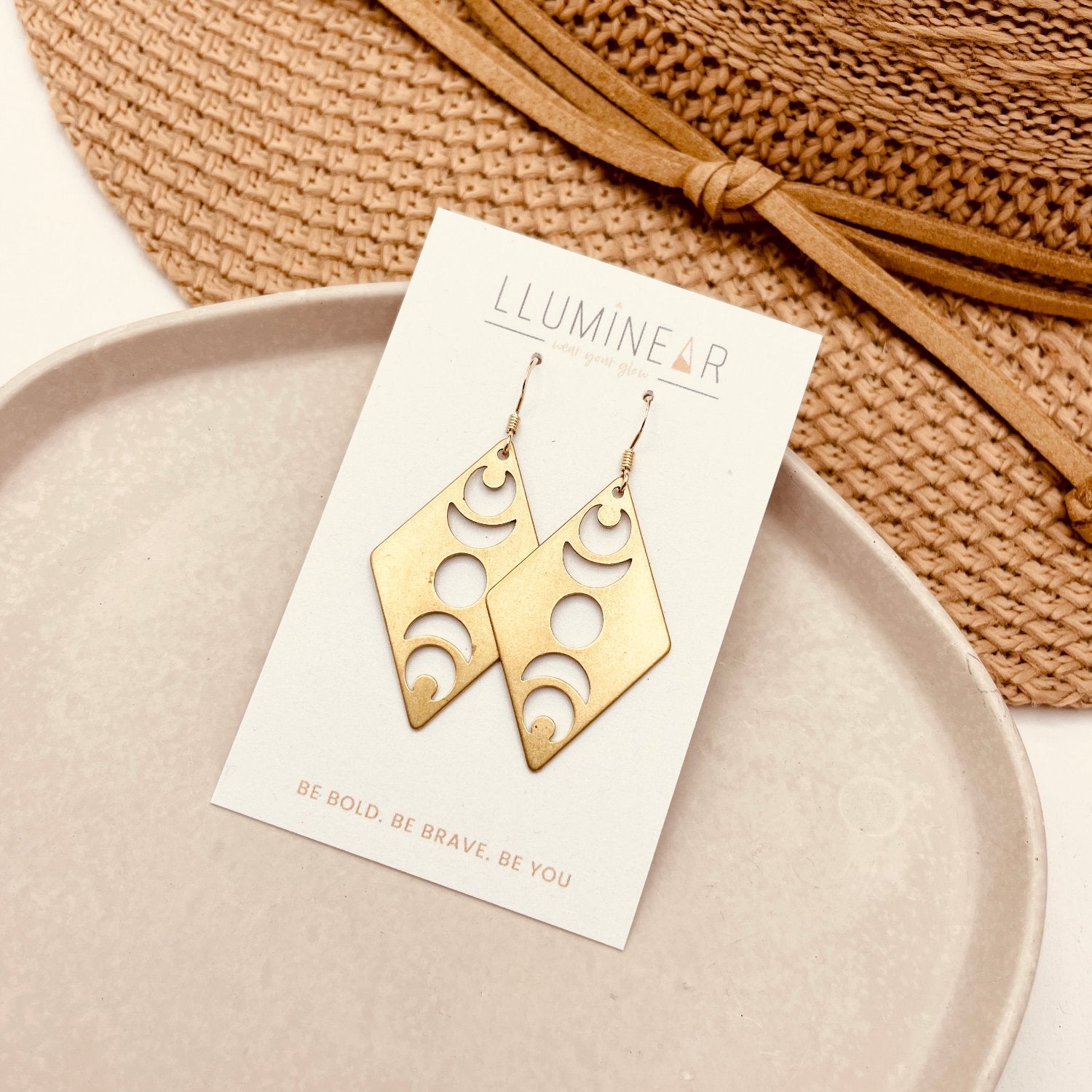 Moon Phase Brass Diamond Boho earrings with Hallmarked 14ct Gold Filled Hooks for sensitive ears.