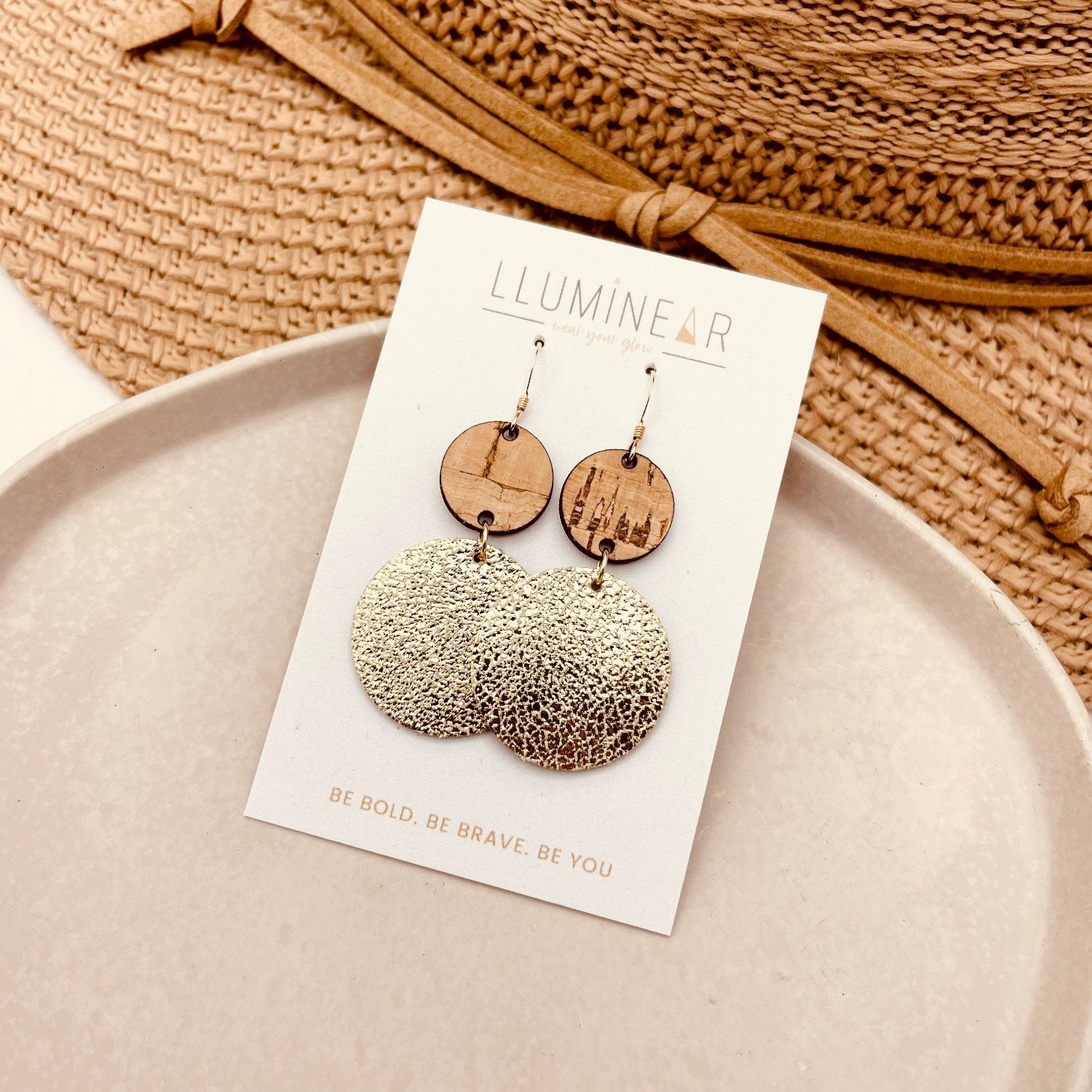 Neptune Gold Glitter Leather circle earrings made with natural cork and hypoallergenic hallmarked 14ct gold filled hooks for sensitive ears