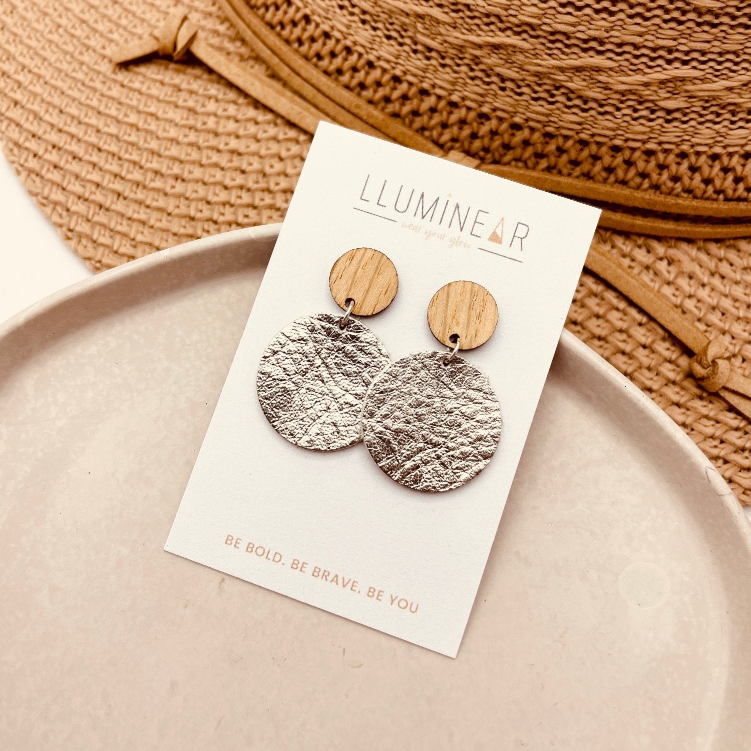Natural wood and silver shimmer leather earrings with hallmarked 925 sterling silver studs