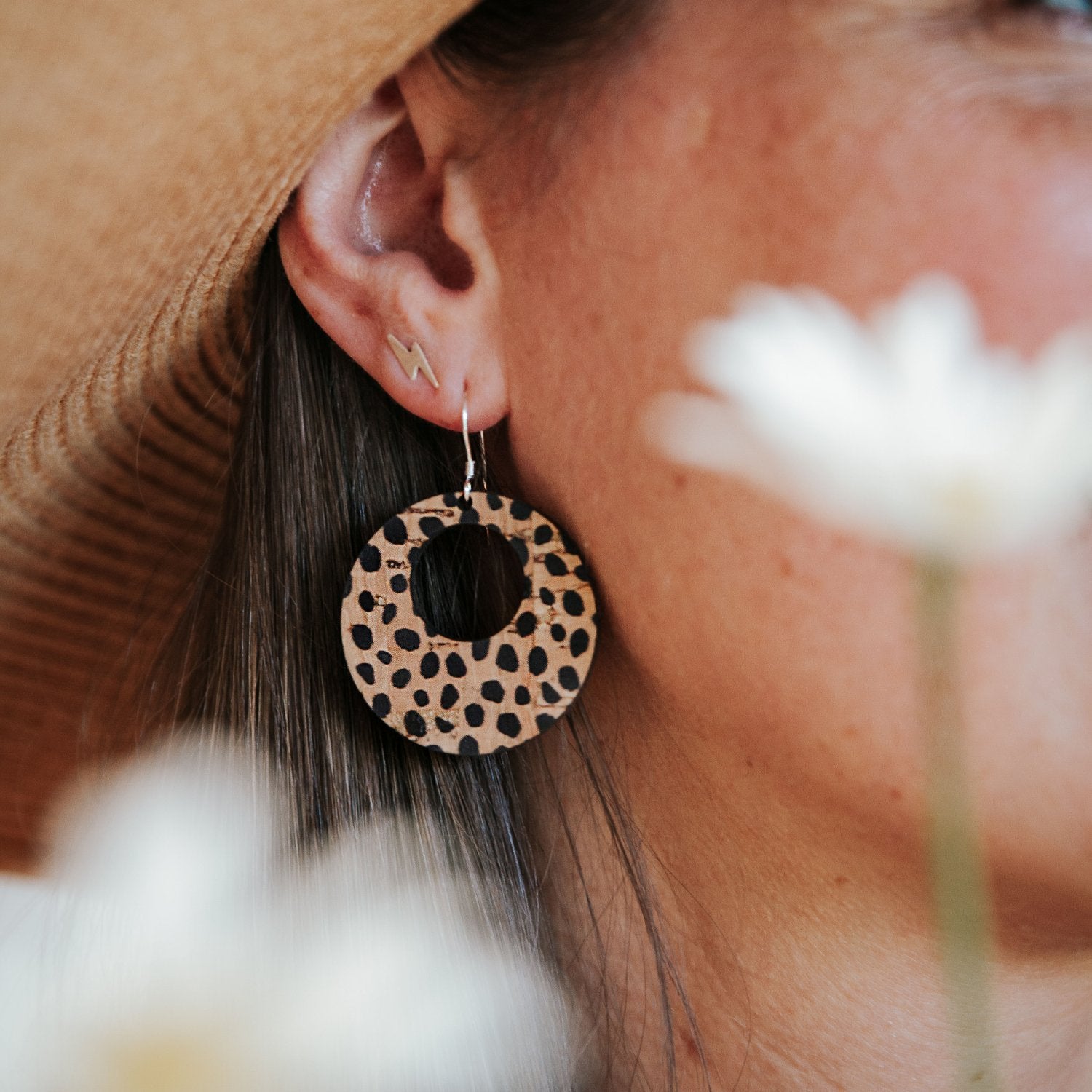 boho natural cork wooden earrings with sterling silver hooks
