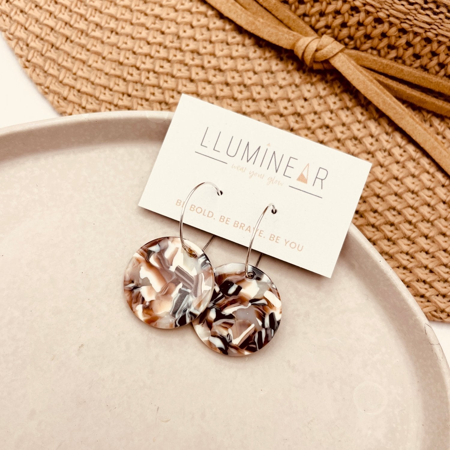 brown shell pattern neutral hoop earrings hallmarked sterling silver