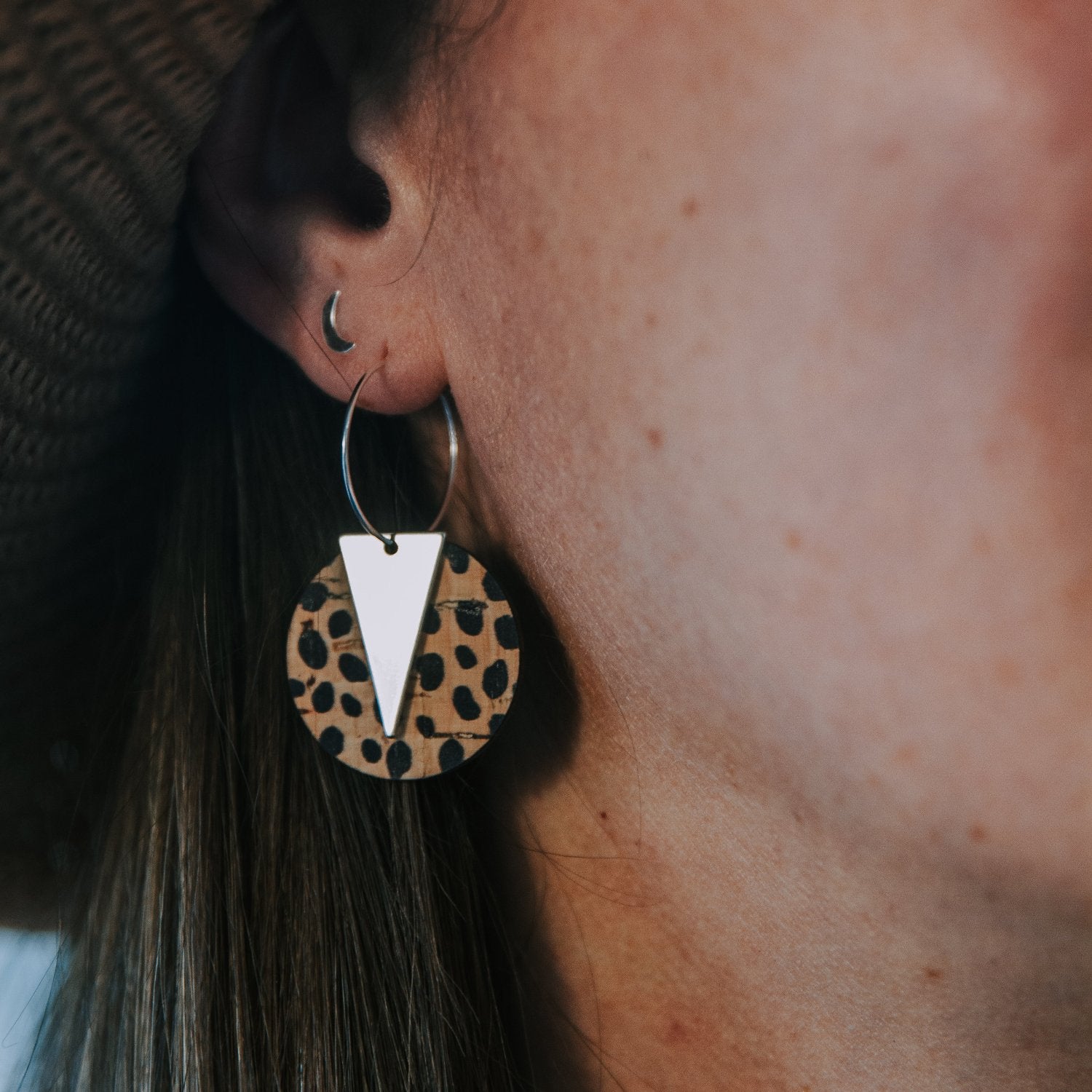cheetah print hoop earrings made with silver triangle and hallmarked sterling silver hoops for sensitive ears