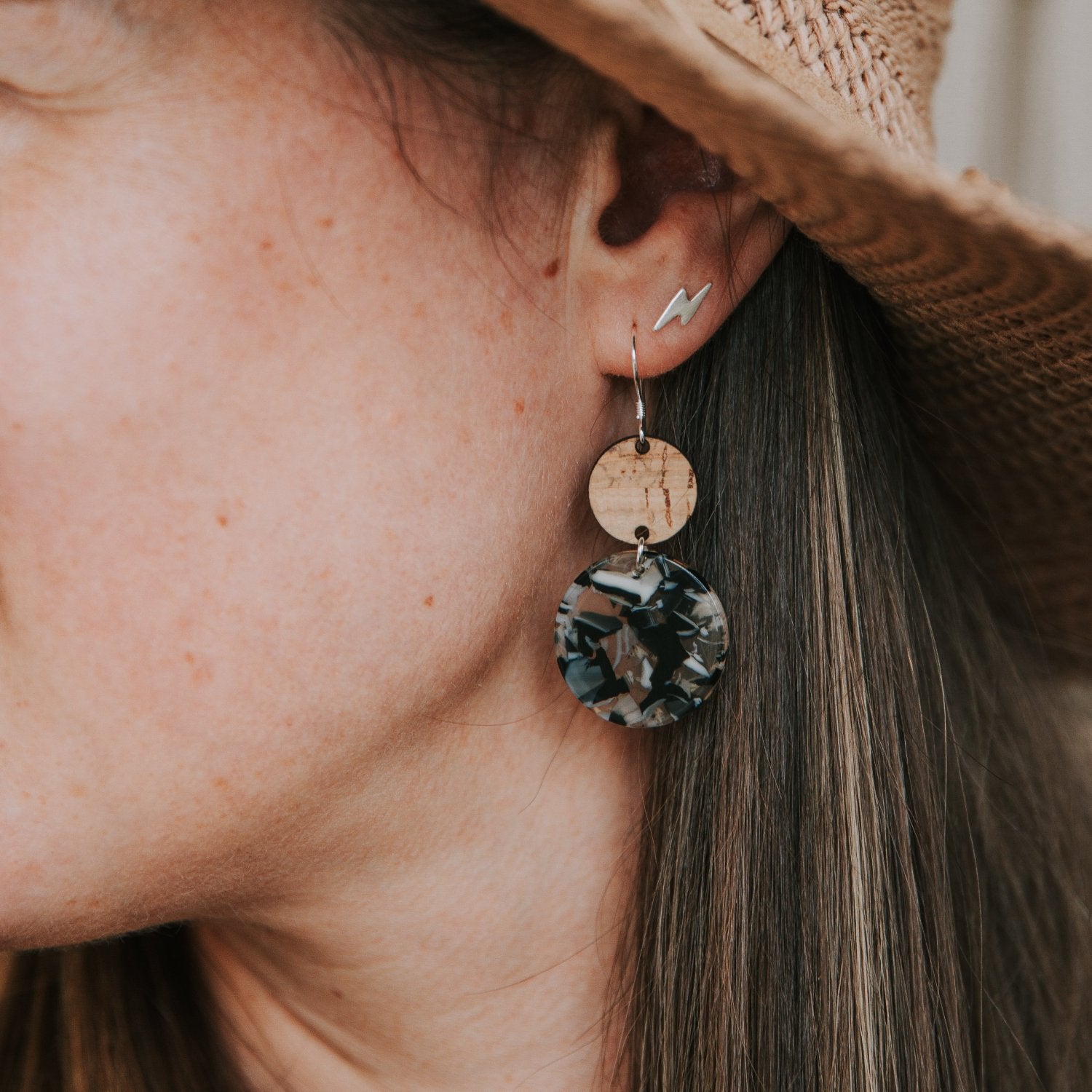 sterling silver cork earrings in everyday neutral style