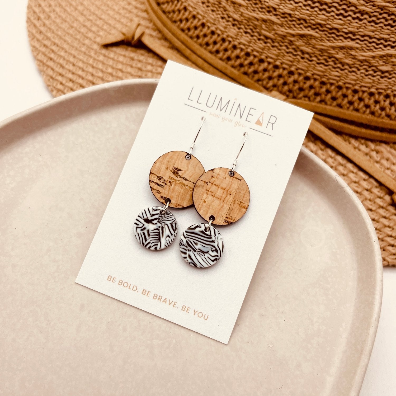 zebra pattern earrings with natural cork made with hallmarked 925 sterling silver hooks