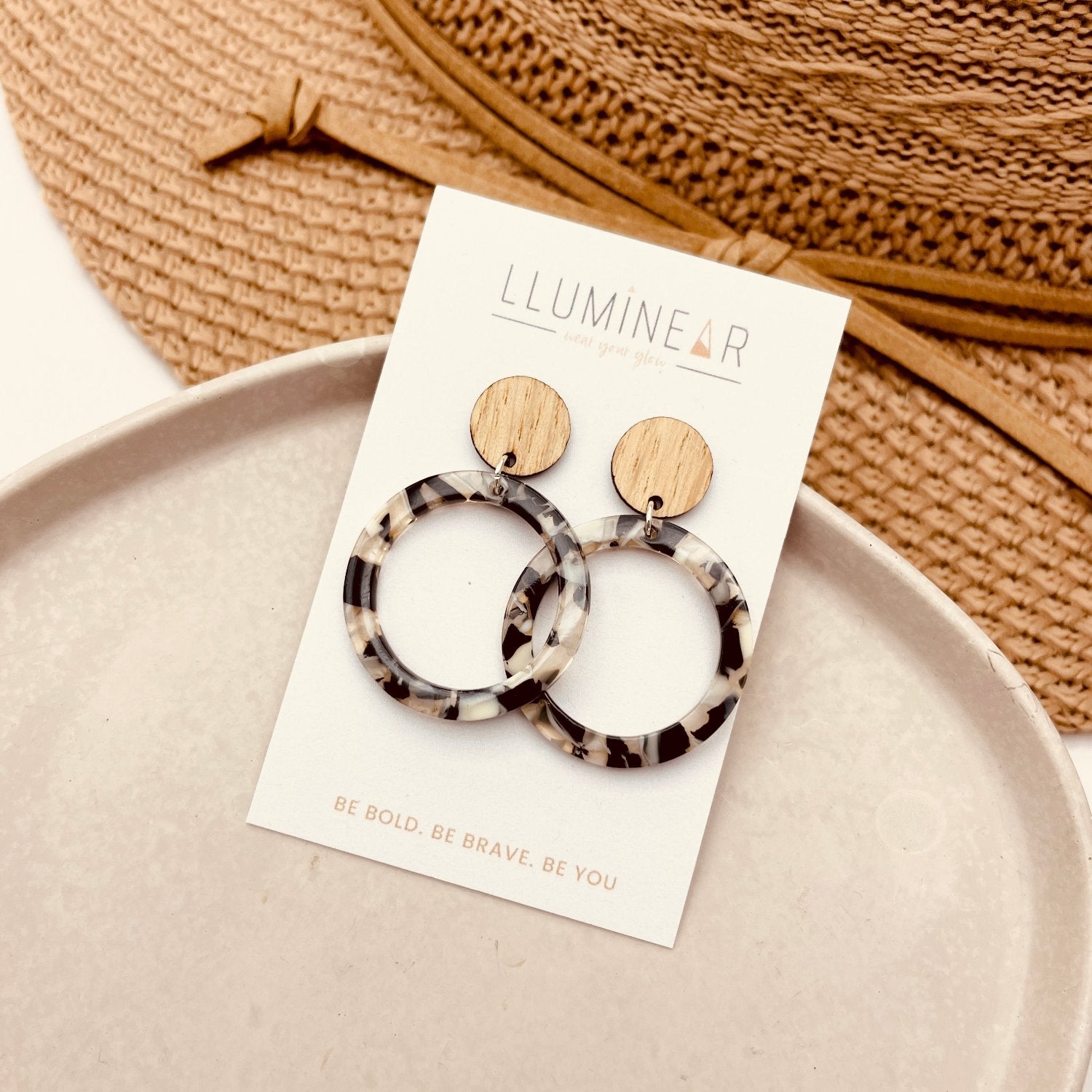 natural wood sterling silver studs with black fleck dangle circles