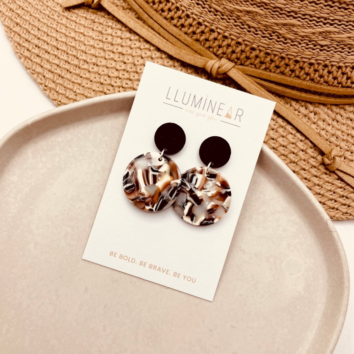 neutral brown black cream dangle stud earrings in hallmarked 925 sterling silver