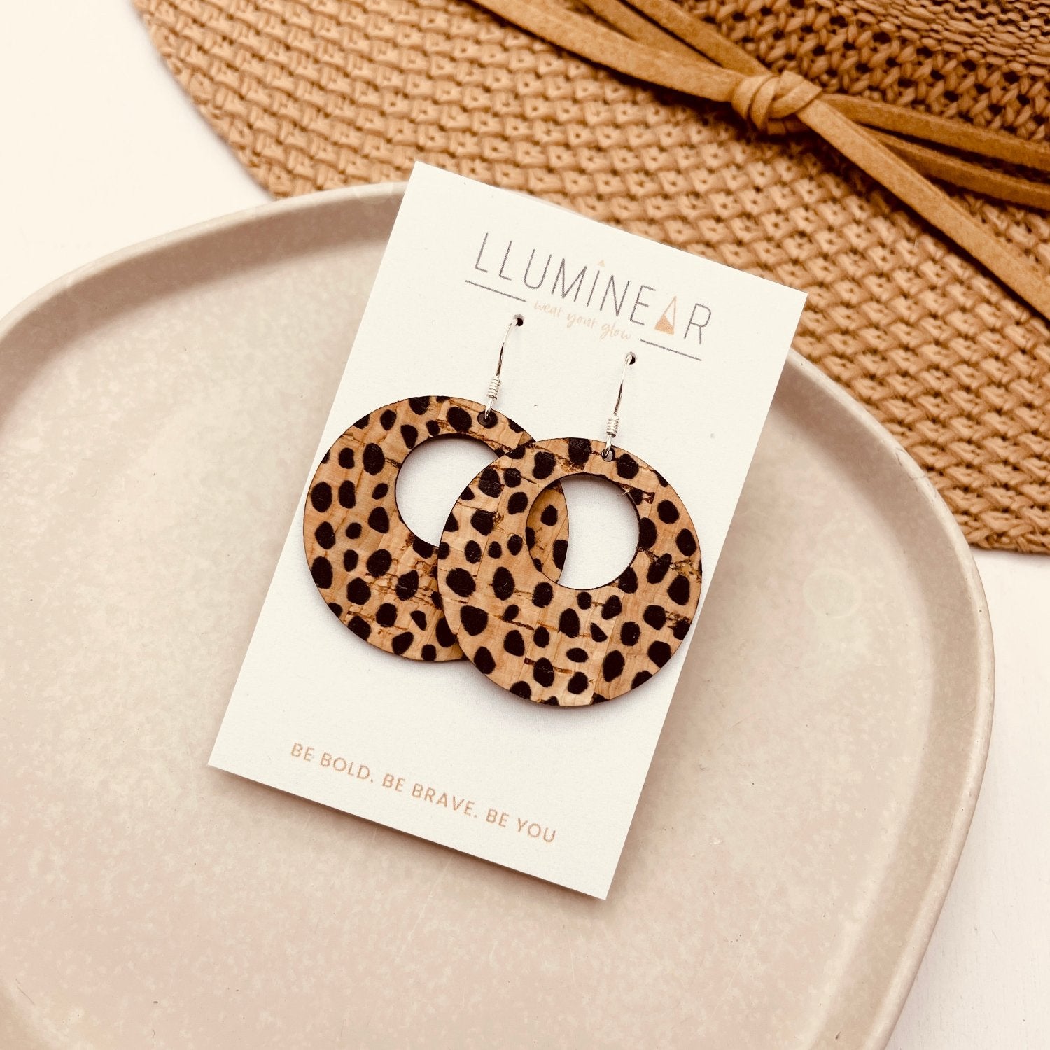 nova natural cork wooden earrings 35mm circles with cheetah print spot pattern and hallmarked 925 sterling silver hooks. An everyday boho style