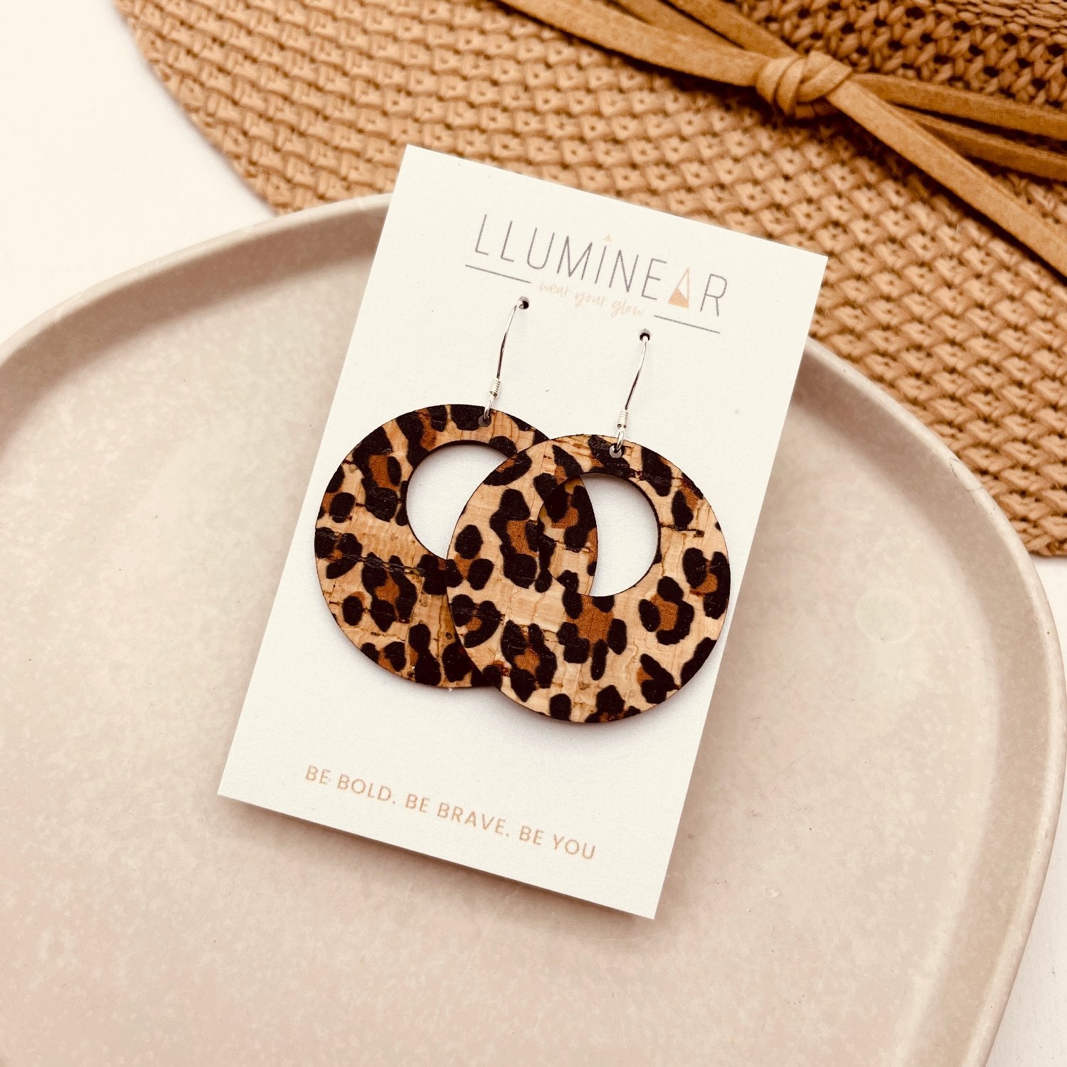 nova natural cork 35mm circle leopard print boho earrings handmade with sterling silver hooks
