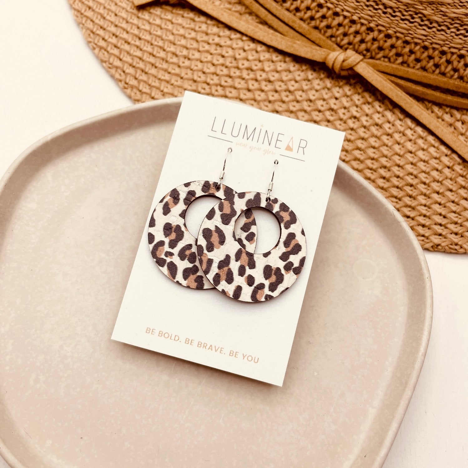 nova natural cork white leopard print boho earrings handmade with hallmarked 925 sterling silver hooks