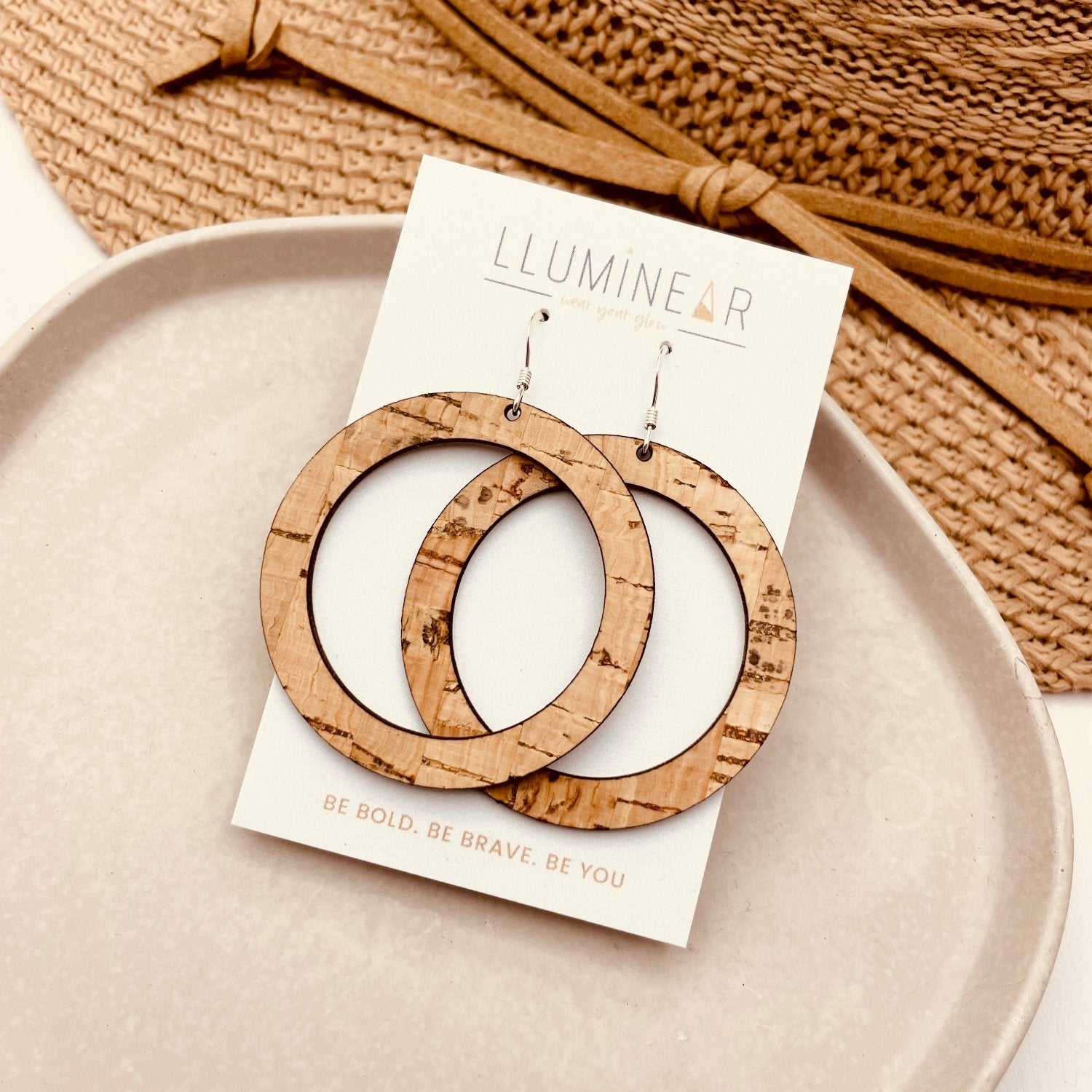 natural cork circle earrings handmade with hallmarked 925 sterling silver hooks for sensitive ears