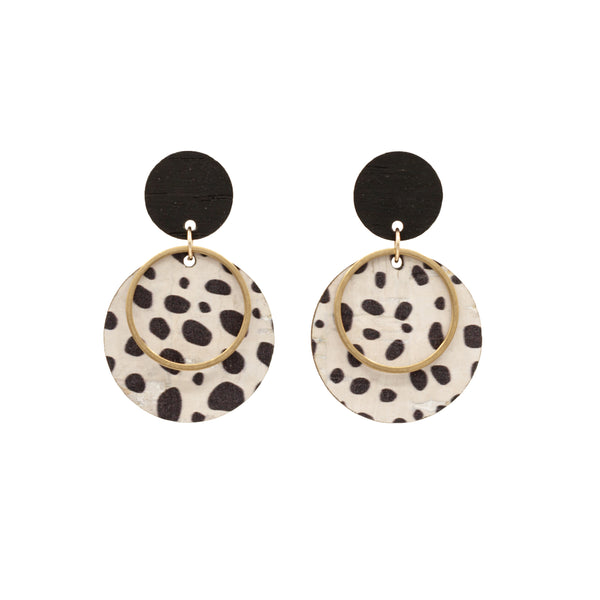Hallmarked Sterling Silver stud Earrings made with black wood stud post and 25mm circle drops with Dalmatian print cork wood and brass ring detail.