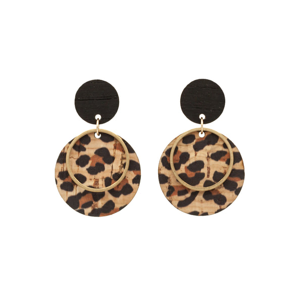 Hallmarked Sterling Silver stud Earrings made with black wood stud post and 25mm circle drops with Leopard print cork wood and brass ring detail.