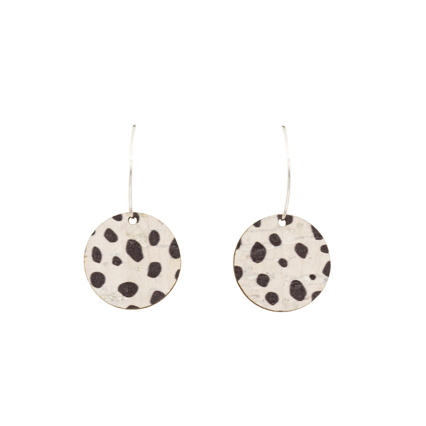 Hallmarked Sterling Silver 20mm Hoop Earrings with 20mm Circle Drops in Dalmatian print cork wood.