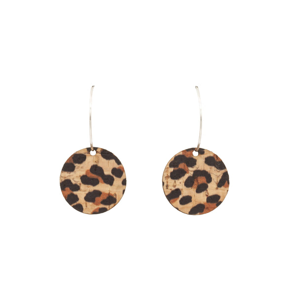 Hallmarked Sterling Silver 20mm Hoop Earrings with 20mm Circle Drops in Leopard print cork wood.