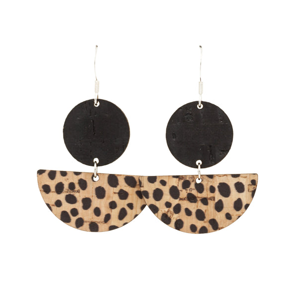 Crescent Moon shape earrings made with cheetah print cork and 925 sterling silver hooks. These natural and eco friendly earrings are made in a modern geometric style with half moon, semi circle shape in a black spotty pattern.