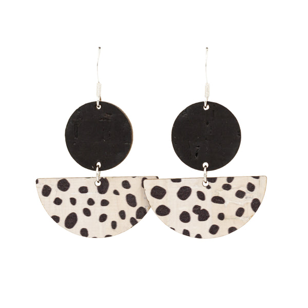 Crescent Moon shape earrings made with Dalmatian print cork and 925 sterling silver hooks. These natural and eco friendly earrings are made in a modern geometric style with half moon, semi circle shape in a black spotty pattern.