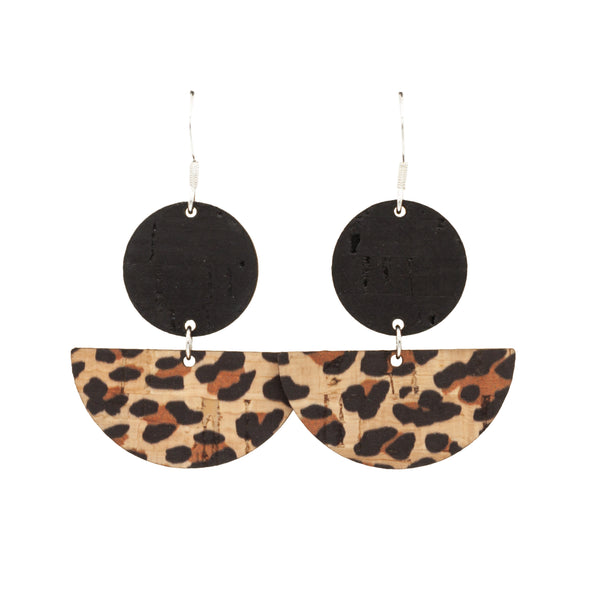 Crescent Moon shape earrings made with Leopard print cork and 925 sterling silver hooks. These natural and eco friendly earrings are made in a modern geometric style with half moon, semi circle shape in a black spotty pattern.