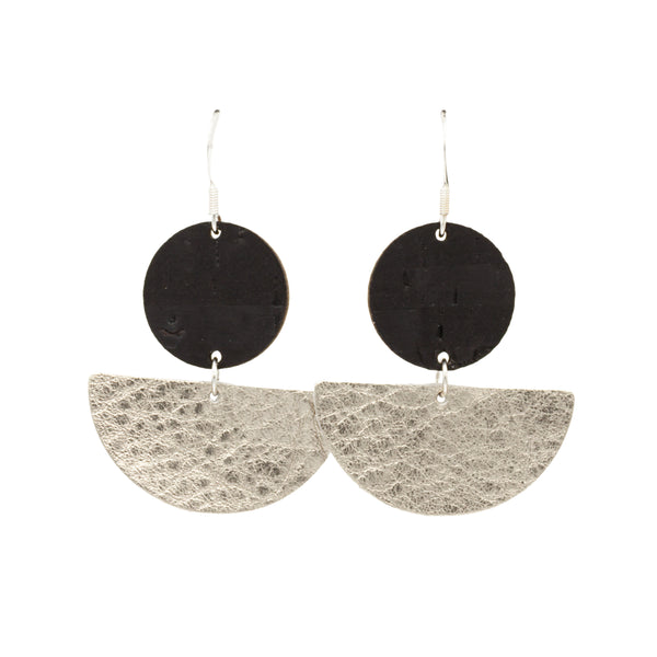 Hallmarked 925 Sterling Silver hook earrings in semi circle half moon shape, made with black cork wood and matt Champagne Silver real Italian textured leather. 