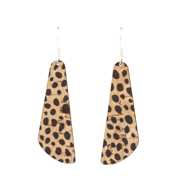 Hallmarked Sterling Silver Hook Earrings in a rectangle drop shape in Cheetah print cork wood.