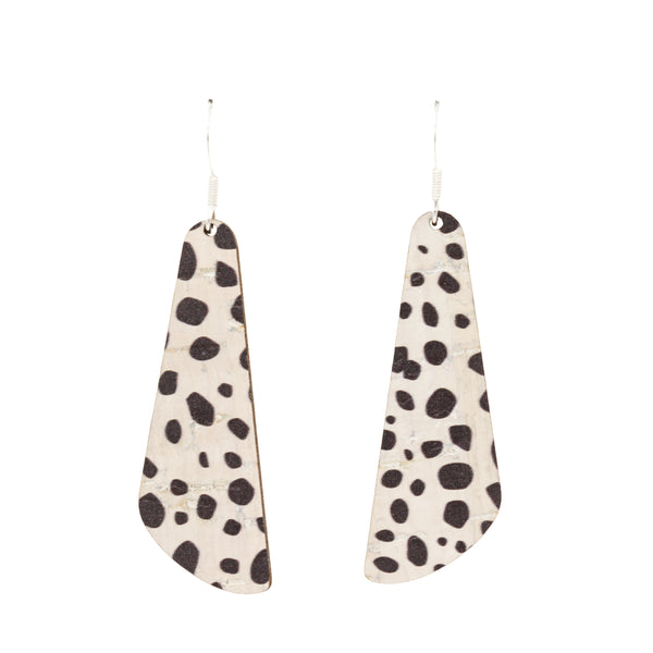 Hallmarked Sterling Silver Hook Earrings in a rectangle drop shape in Dalmatian print cork wood.