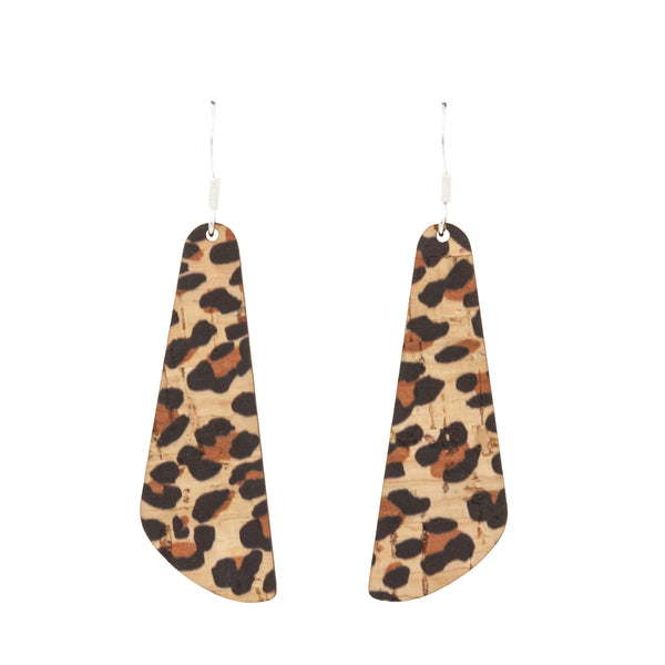 Hallmarked Sterling Silver Hook Earrings in a rectangle drop shape in Leopard print cork wood.