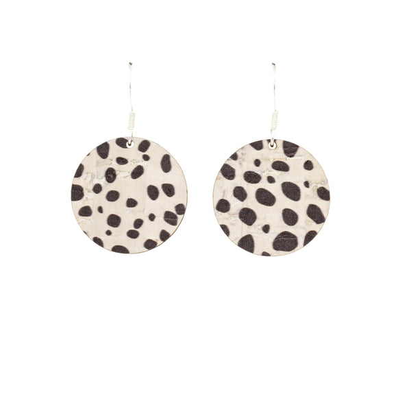 Hallmarked Sterling Silver Hook Earrings in a 25mm Circle shape made with Dalmatian print cork wood.
