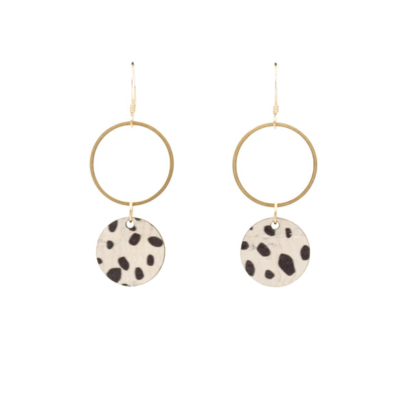 Hallmarked 14ct Gold Filled hook earrings made with a brass ring and Dalmatian print cork wood.