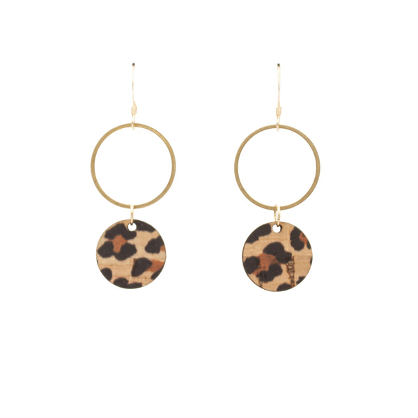 Hallmarked 14ct Gold Filled hook earrings made with a brass ring and Leopard print cork wood.