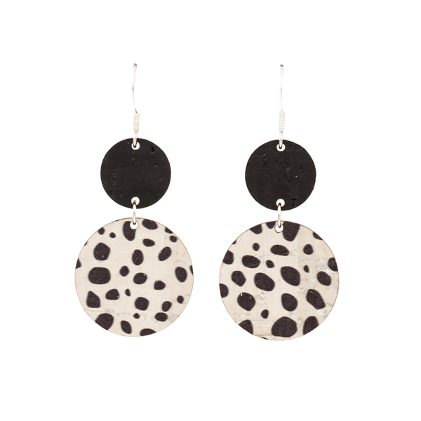 Hallmarked sterling silver hook earrings made with black and dalmatian print cork wood in a double circle drop shape.