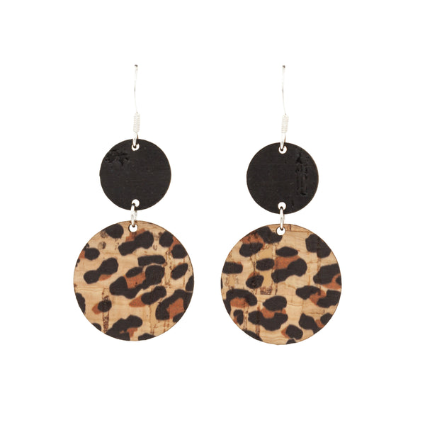 Hallmarked sterling silver hook earrings made with black and leopard print cork wood in a double circle drop shape.