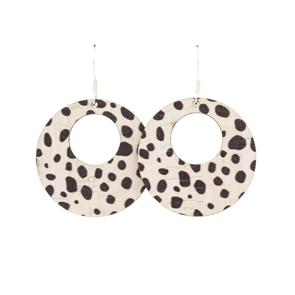 Hallmarked Sterling Silver Hook Earrings in a 35mm Circle shape with centre cut out in Cheetah print cork wood.