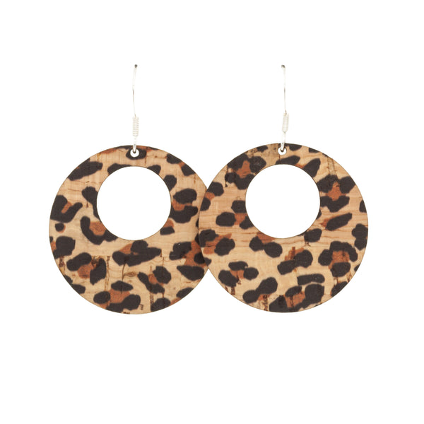 Hallmarked Sterling Silver Hook Earrings in a 35mm Circle shape with centre cut out in Leopard print cork wood.
