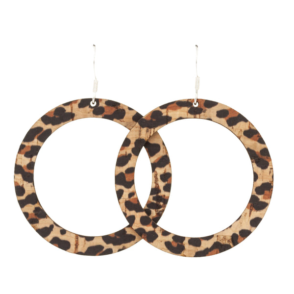 Hallmarked sterling silver hook earrings in large 47mm circle ring shape made with leopard print cork wood.