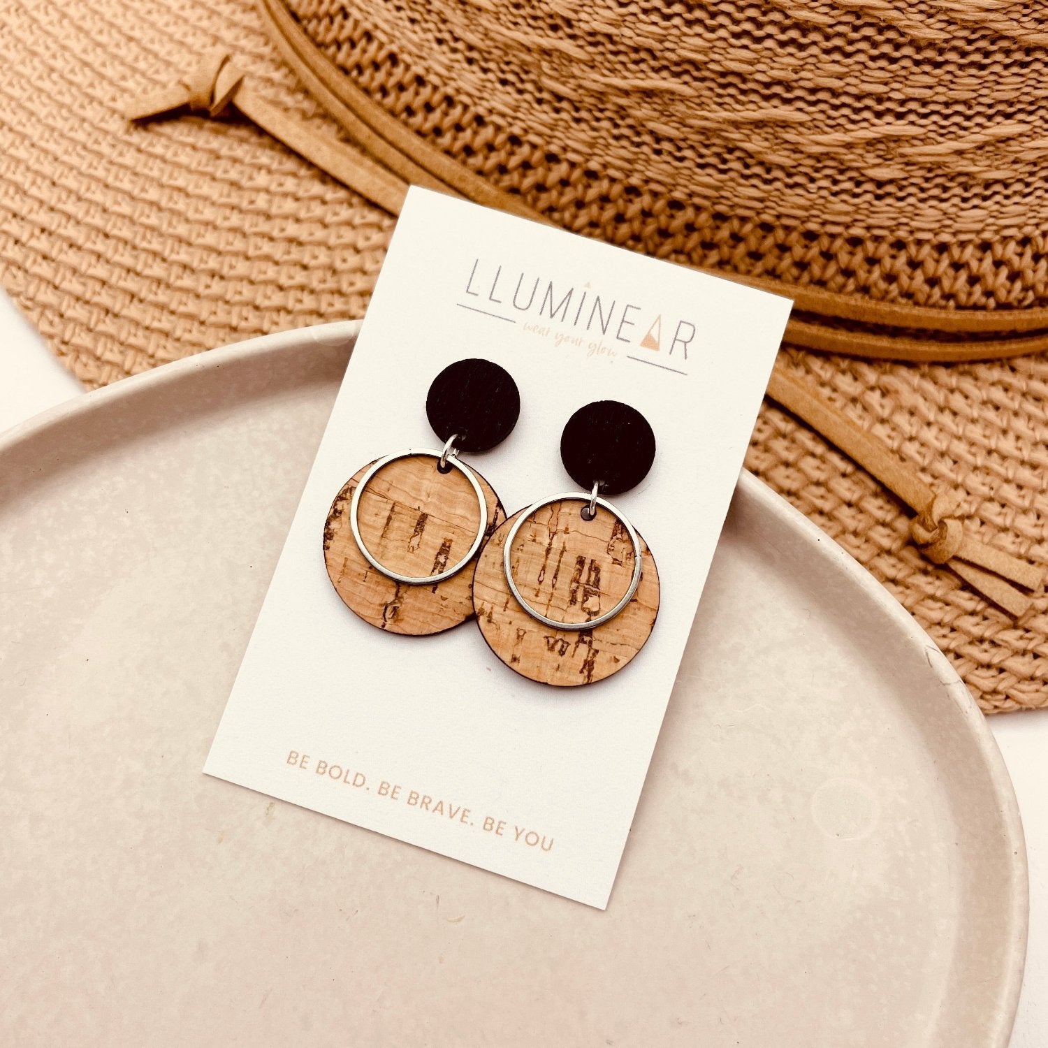 Apollo Stud Earrings Natural Cork and Silver ring and hallmarked Sterling Silver studs for sensitive ears