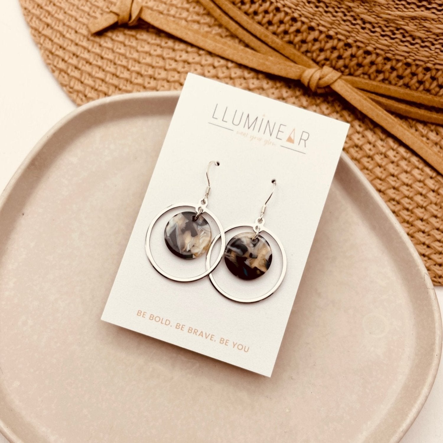 Calypso black resin and silver circle hoop earrings with 925 Sterling Silver Hooks