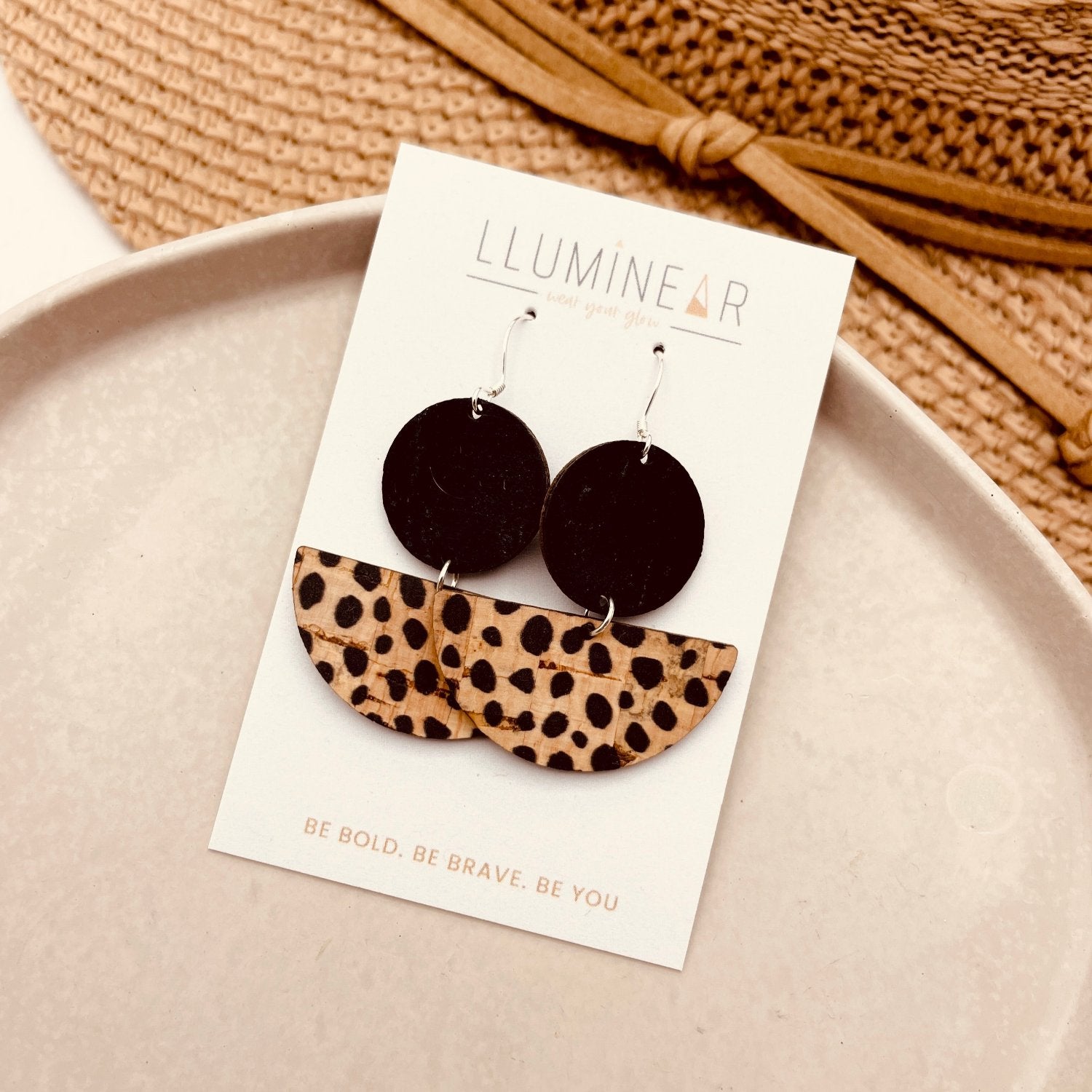 Crescent Moon earrings in black Cheetah animal print pattern with hallmarked 925 sterling silver hooks