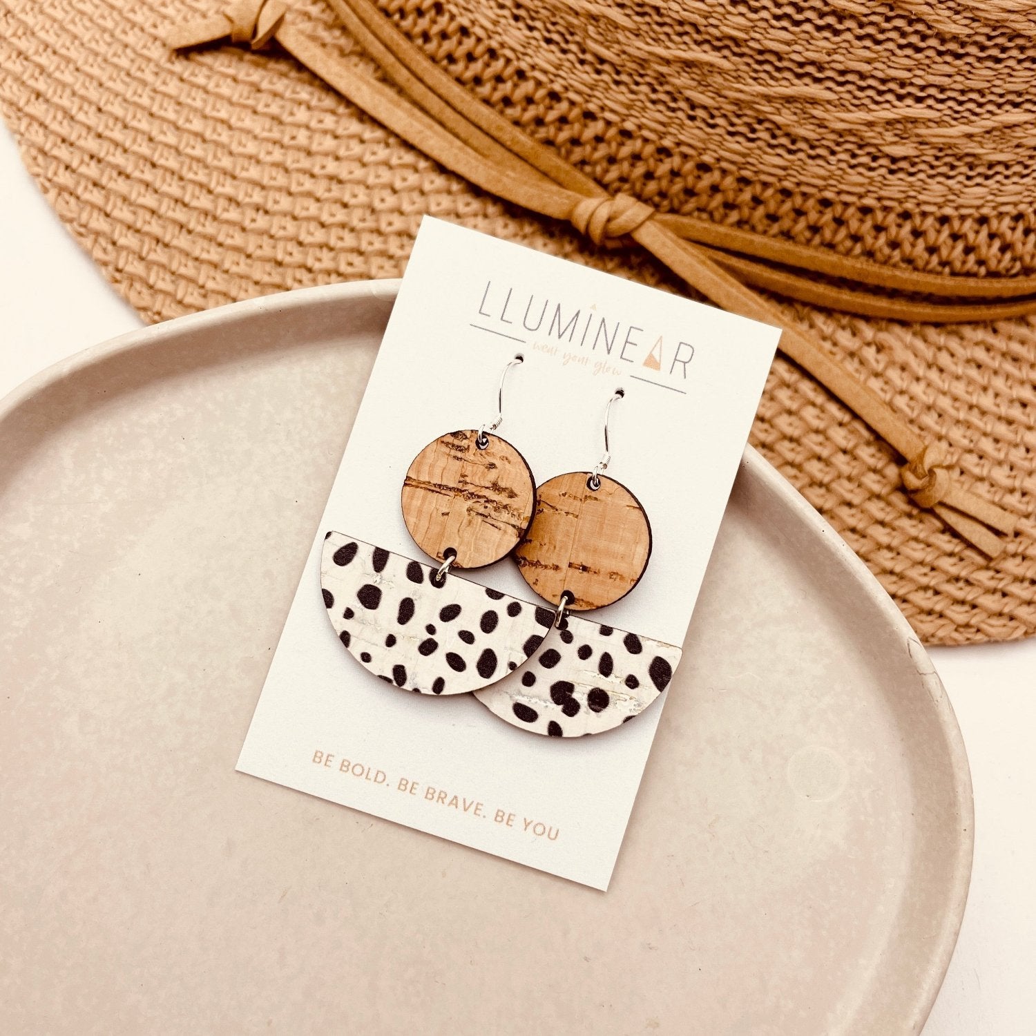 Crescent Moon earrings in natural cork and Dalmatian animal print handmade with 925 sterling silver hooks
