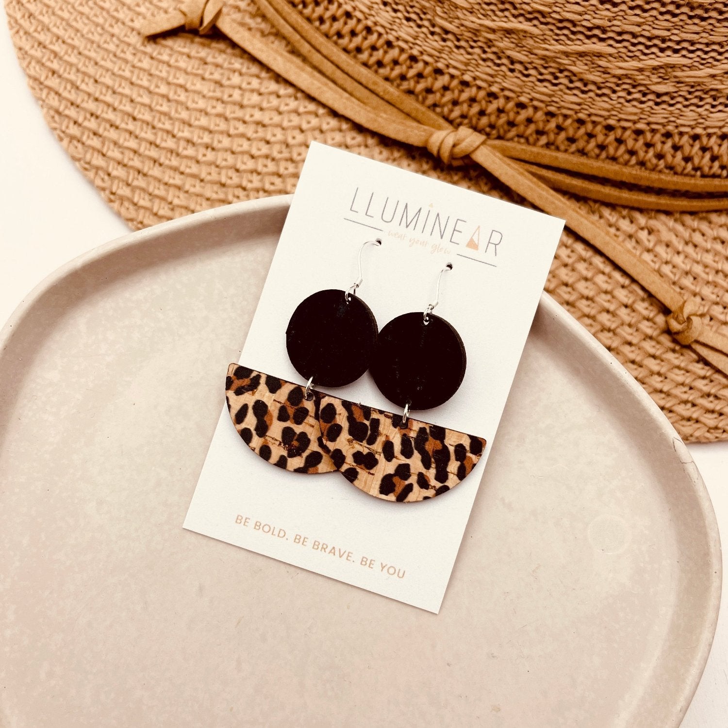 Crescent Moon brown Leopard print cork earrings with 925 sterling silver silver hooks.