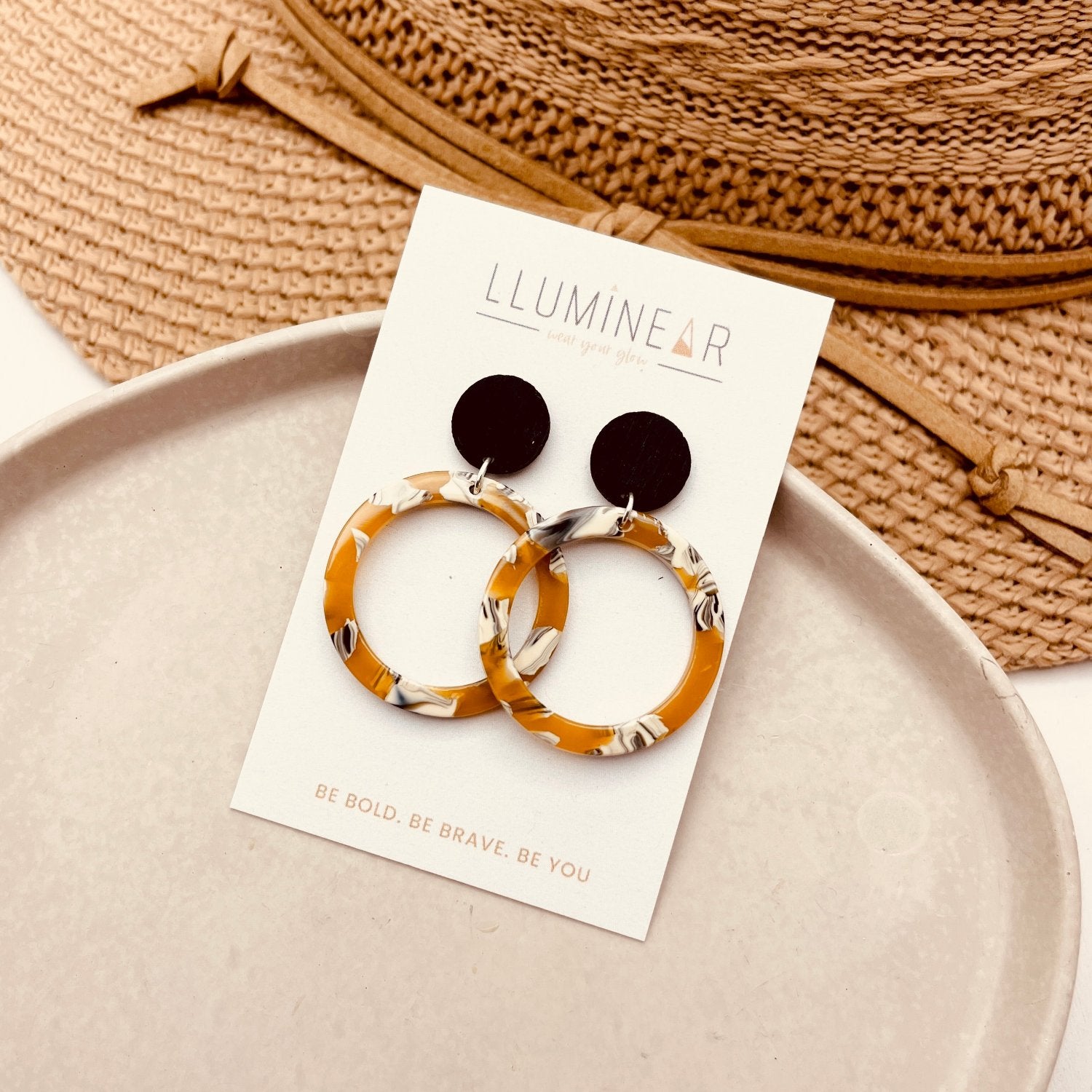 Earrings in black and mustard yellow  circle hoops made with black wooden 925 sterling silver studs
