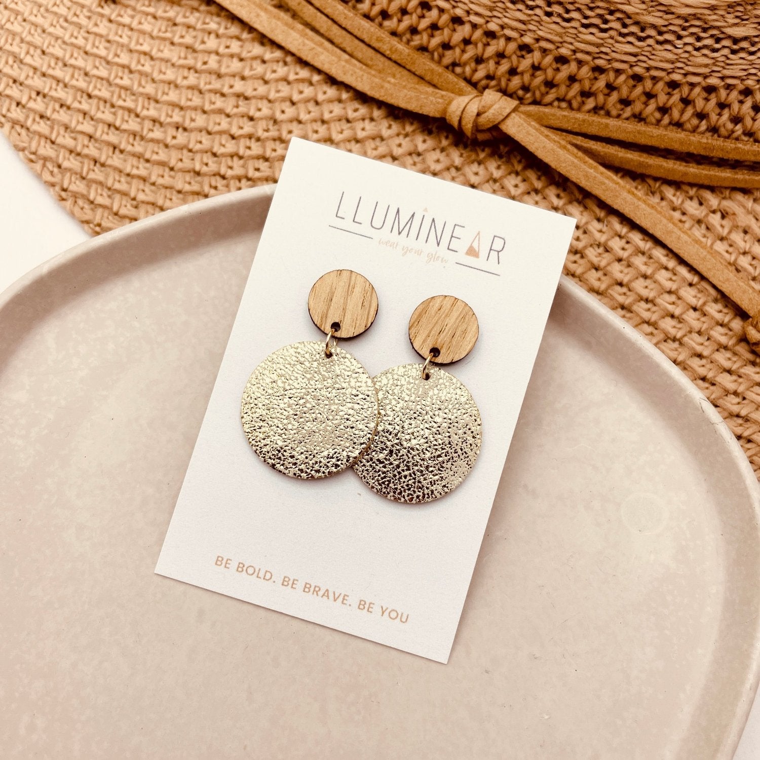Gold Glitter Leather dangle earrings handmade with hallmarked 925 sterling silver studs