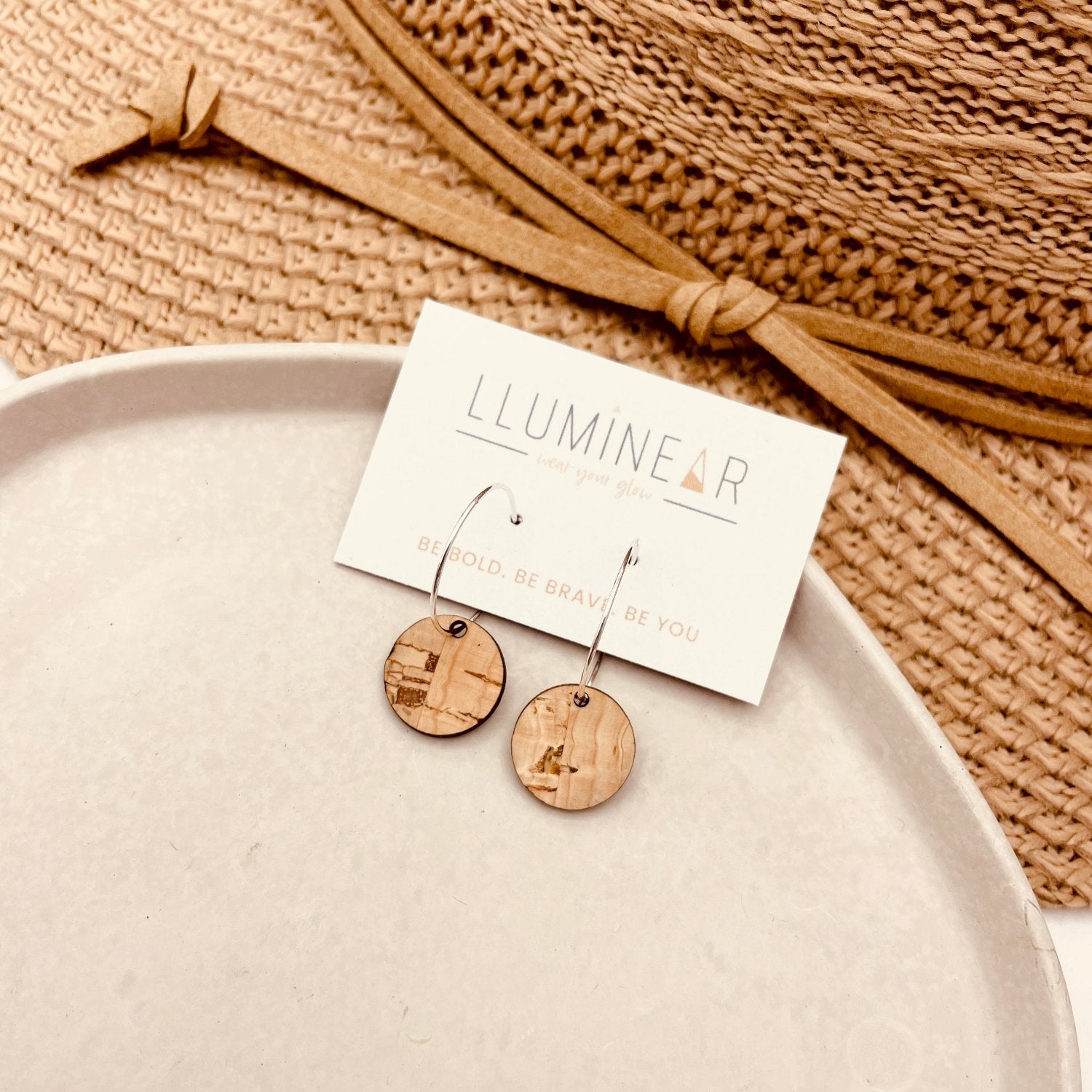 Halo natural cork hallmarked 925 
sterling silver hoop earrings