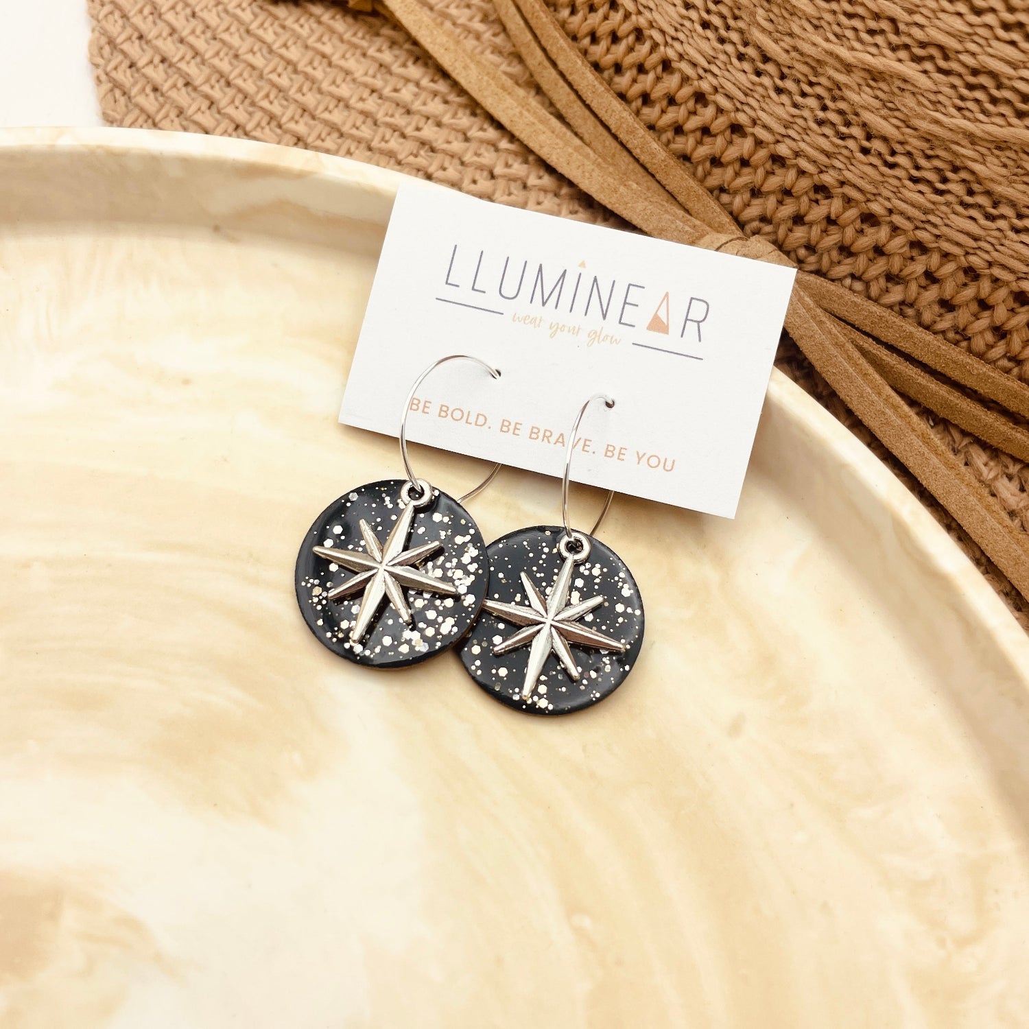 Black Sparkle Star Silver Hoop Earrings